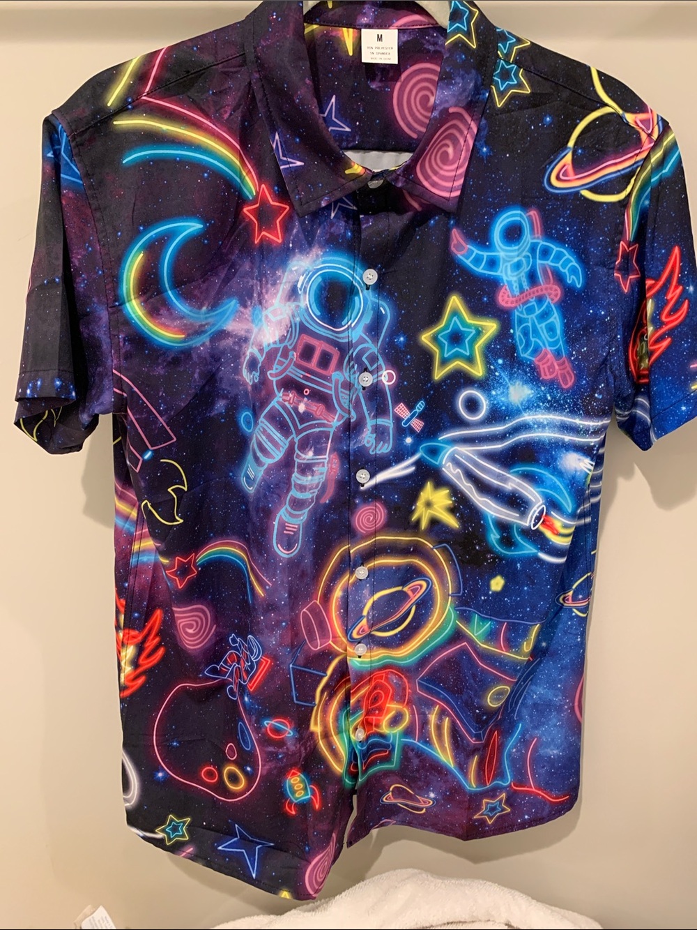 Men’s Neon Space Print Short-Sleeve Button-Up Shirt - Size M